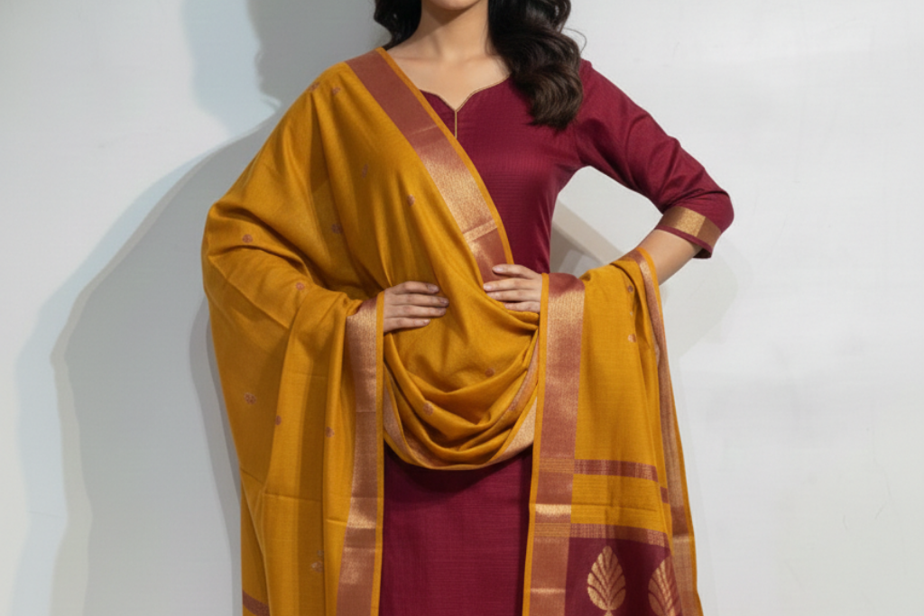 Maheshwari Silk Zari Border Dupatta Set