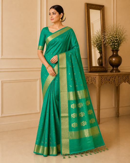 Green Maheshwari Half Silk Saree with Zari Border & Lotus Butti Pallu