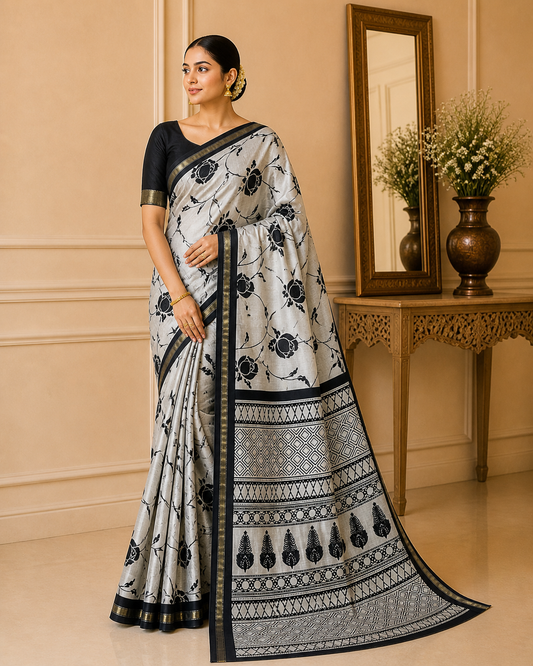 Black & White Maheshwari Half Silk Saree with Printed Design & Piping Border