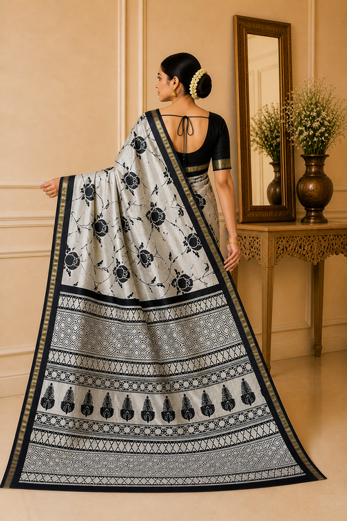 Black & White Maheshwari Half Silk Saree with Printed Design & Piping Border