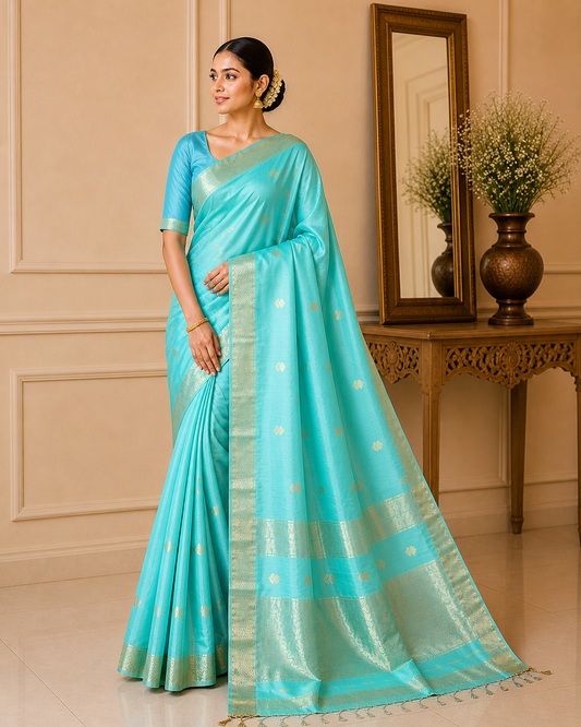 Aqua Blue Maheshwari Half Silk Saree with Zari Border & Lotus Butti Pallu