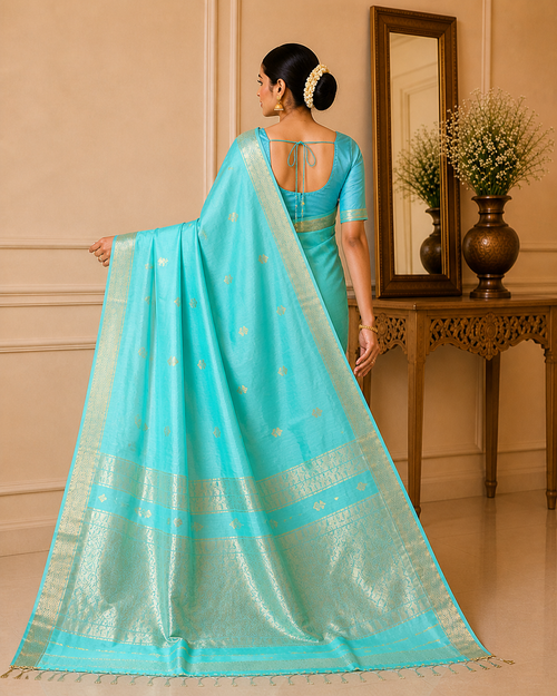 Aqua Blue Maheshwari Half Silk Saree with Zari Border & Lotus Butti Pallu