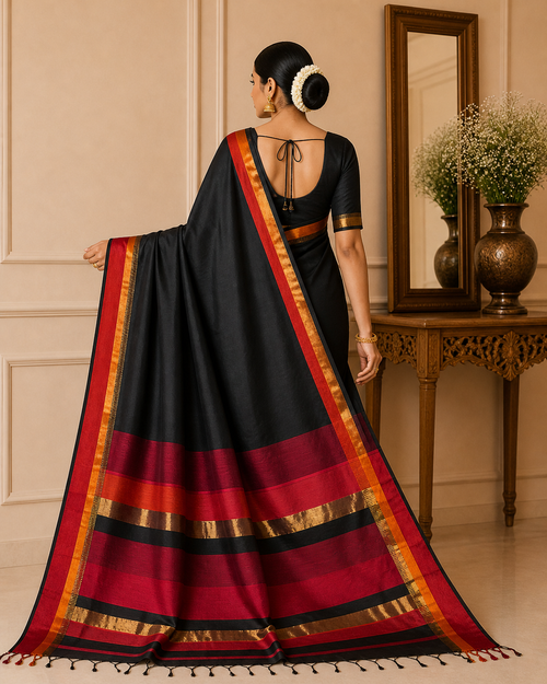 Black Maheshwari Half Silk Saree with Ganga Jamuna Border & Resham Weaving