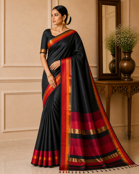 Black Maheshwari Half Silk Saree with Ganga Jamuna Border & Resham Weaving