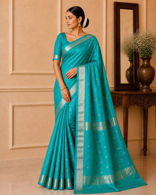 Light Blue Maheshwari Silk Blend Saree with Zari Border & Butti Pallu