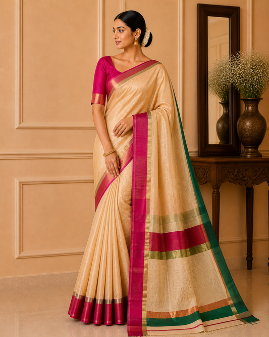 Beige Maheshwari Half Silk Saree with Ganga Jamuna Border & Zari Weaving