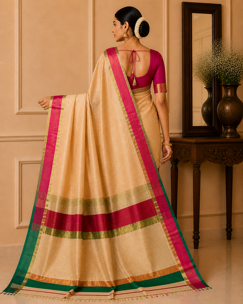Beige Maheshwari Half Silk Saree with Ganga Jamuna Border & Zari Weaving