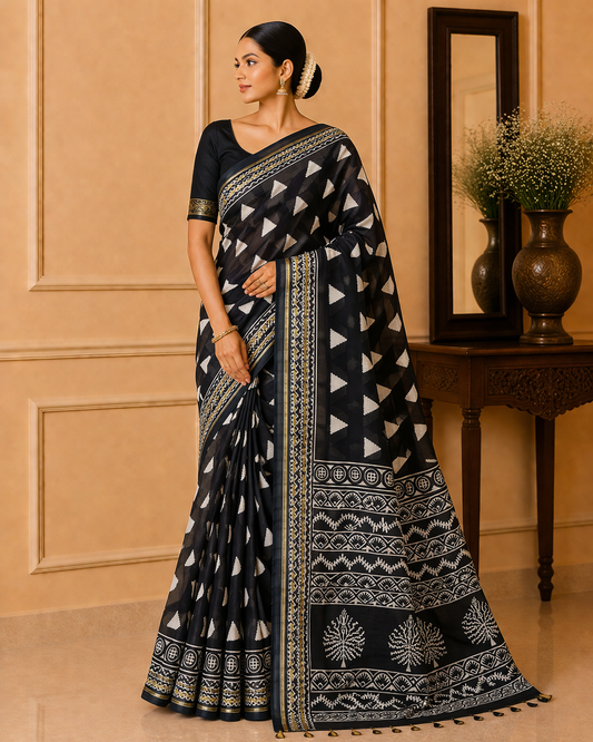 Black Maheshwari Half Silk Saree with Triangle Butti & Printed Pallu